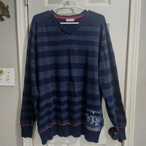 Angelo Litrico Men's XXL Navy Striped V-Neck Sweater Reverse Seams Distressed